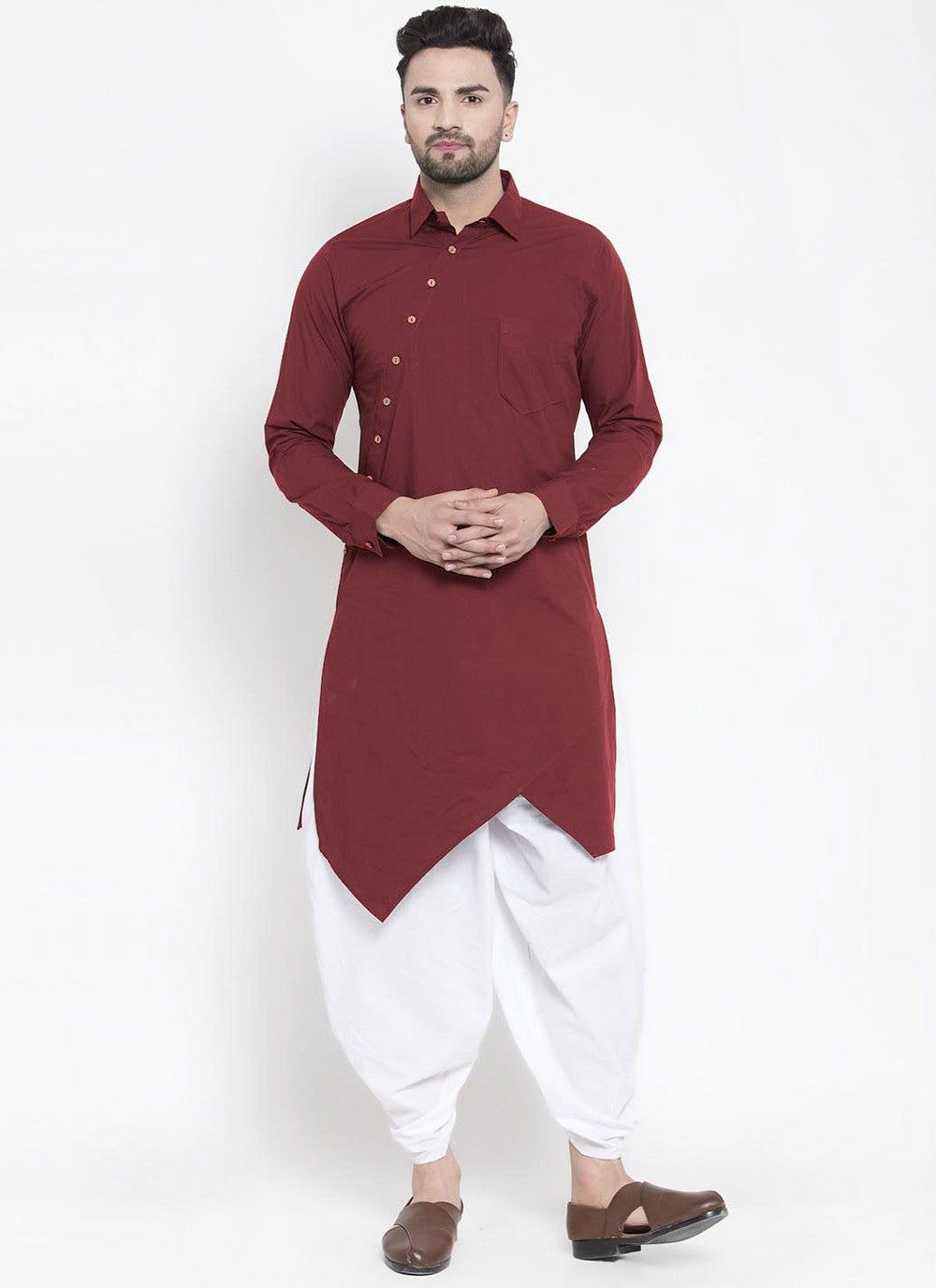 Buttons Blended Cotton Maroon Kurta - M4556