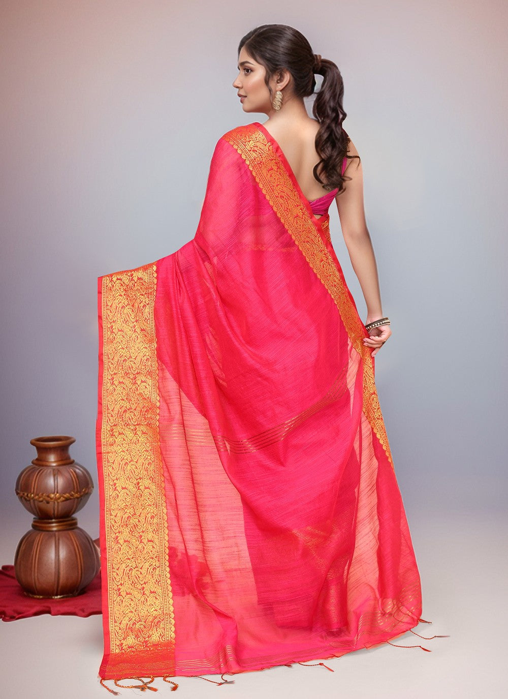 Pink Blended Cotton Contemporary Saree Border Work S19991