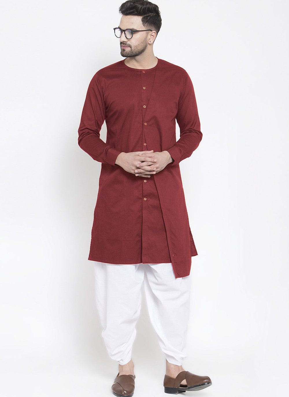 Plain Blended Cotton Maroon Dhoti Kurta - M4473