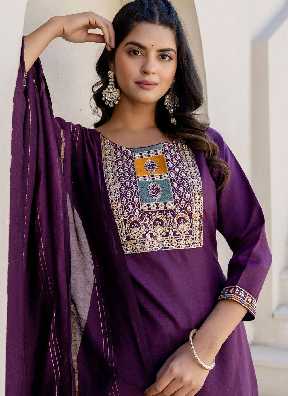 Pant Style Suit Embroidered Purple T7693