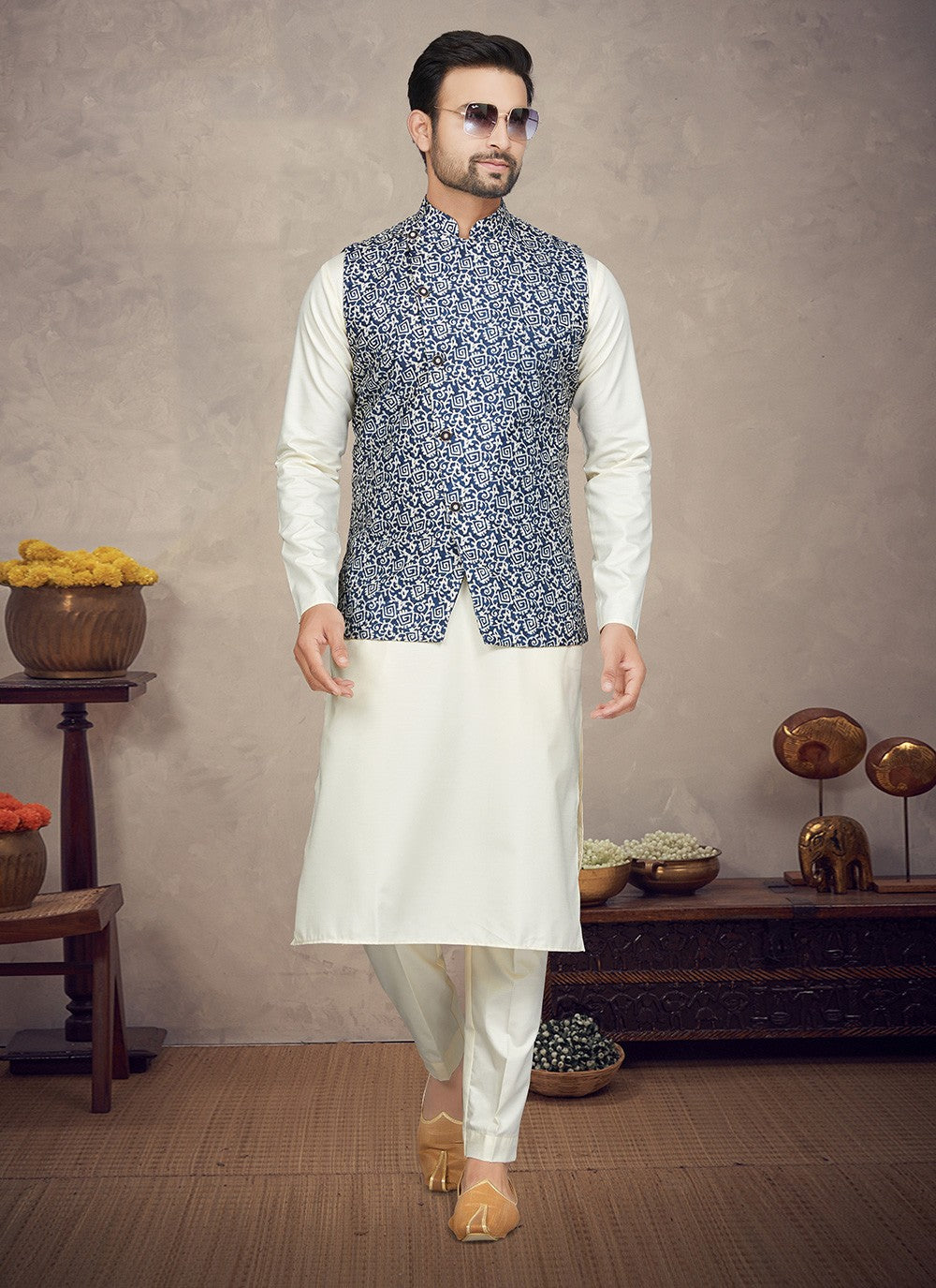 Digital Print Cotton Blue, Cream Kurta Payjama With Jacket - M5838