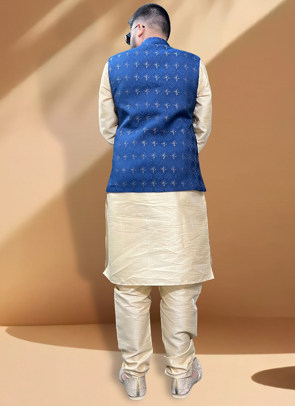 Fancy Work Jacquard, Silk Blue, Gold Kurta Payjama With Jacket - M5388