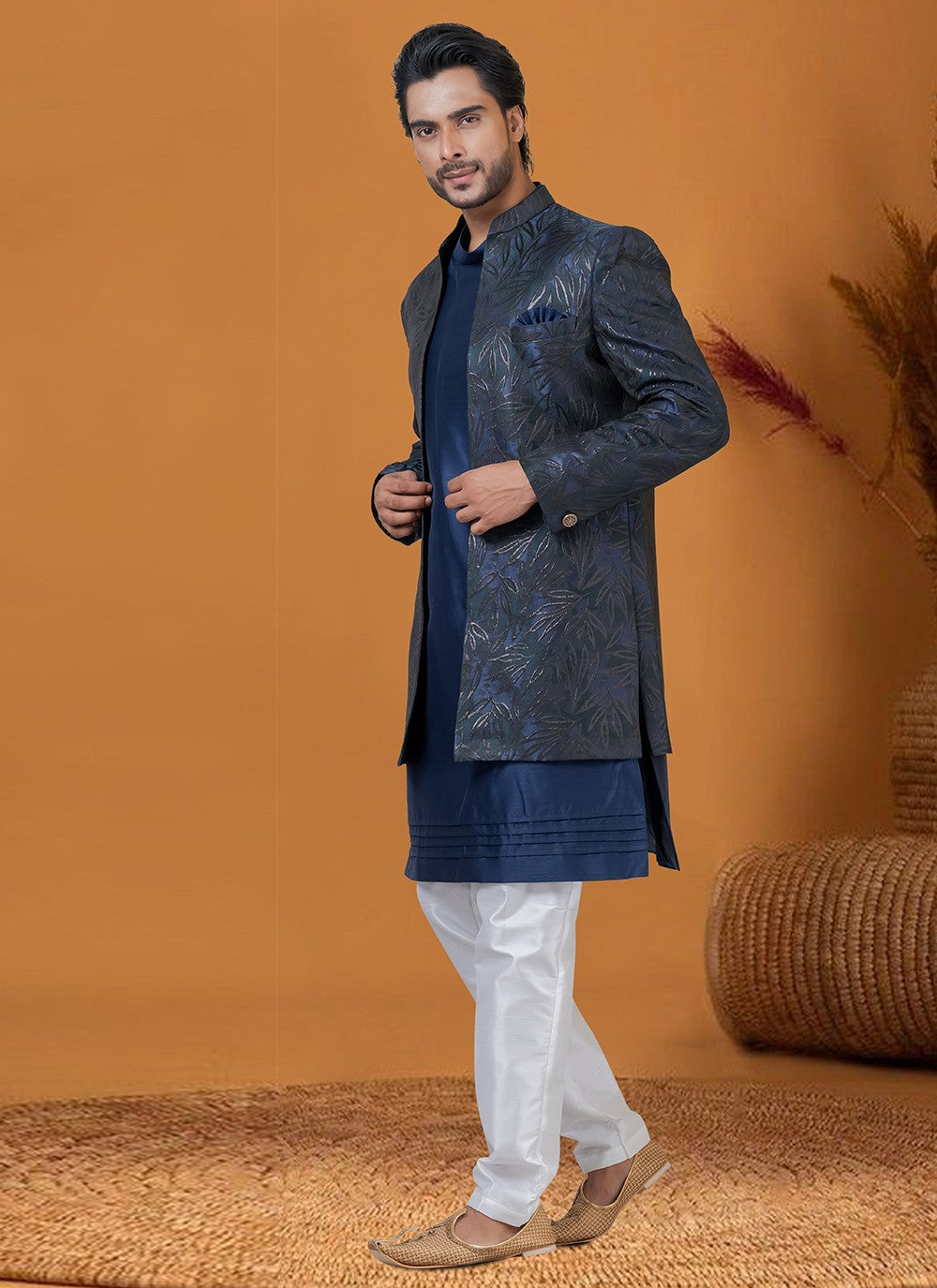 Jacquard Work Jacquard Silk Blue, Green Indo Western - M8370