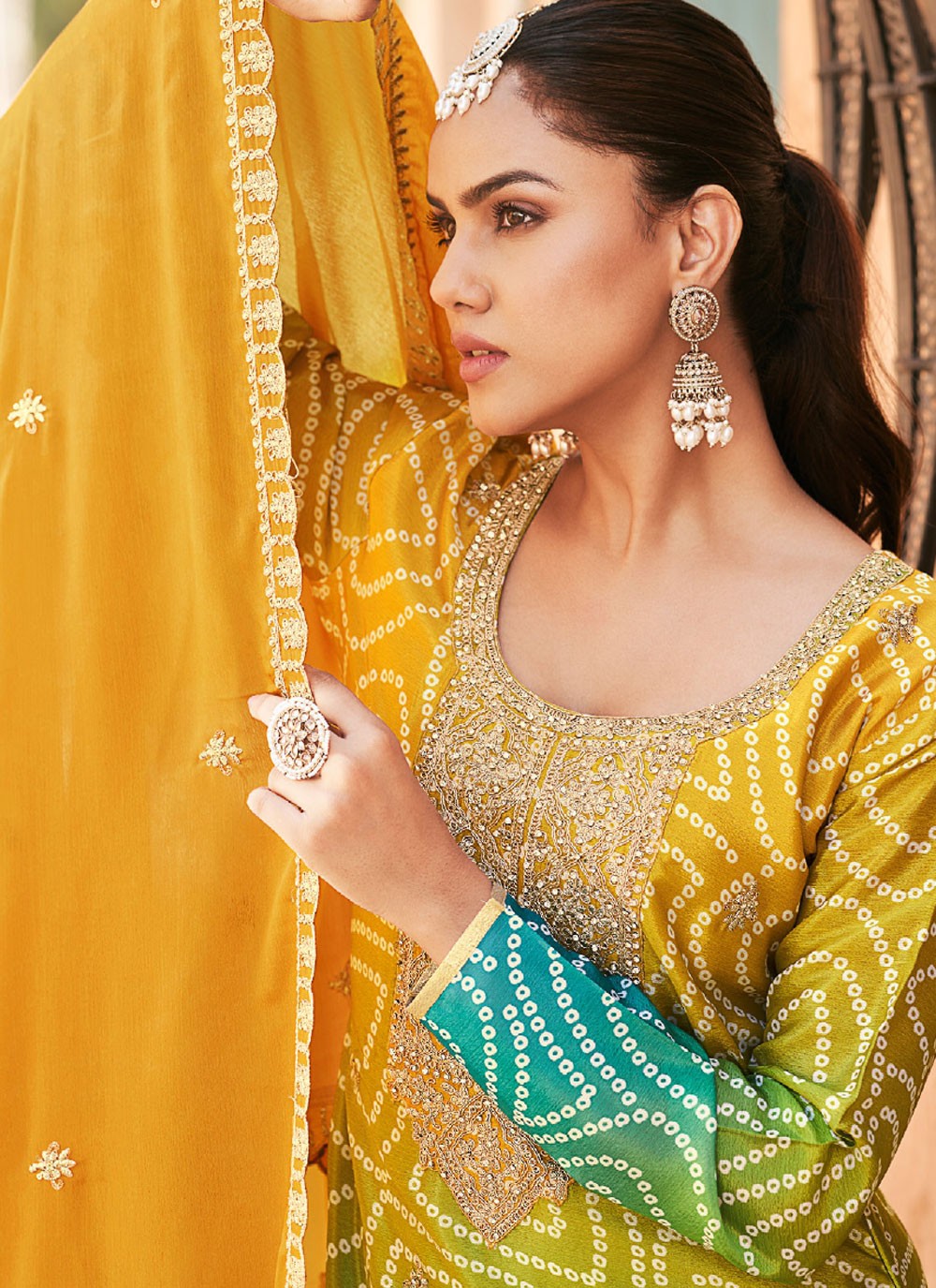 Salwar Suit Embroidered Blue, Green Chinon T5785