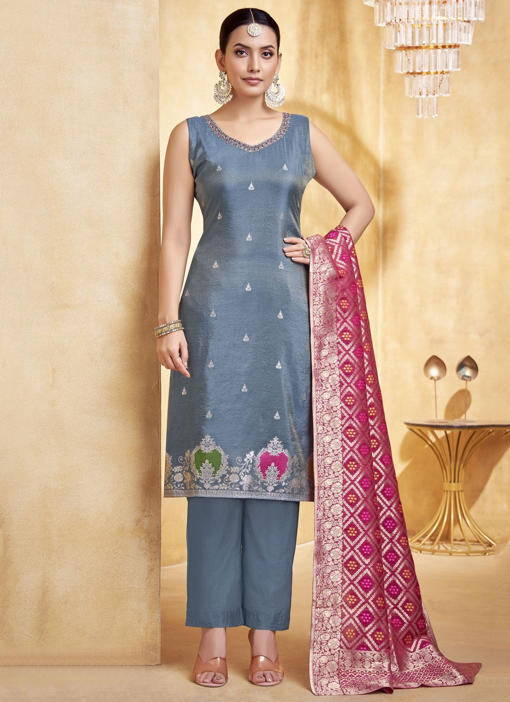 Pant Style Suit Embroidered, Jacquard Work Blue T8255