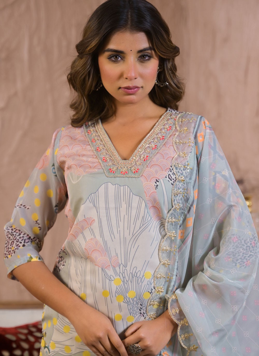 Pant Style Suit Embroidered, Fancy Work, Printed, Zari Blue T7000