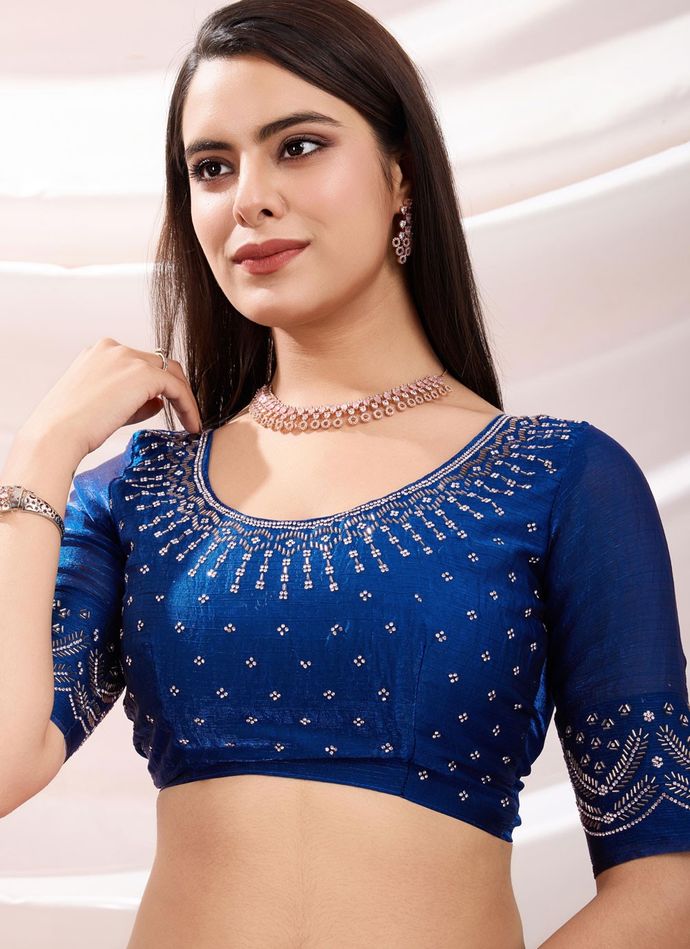 Classic Saree Beads Blue, Morpeach Chiffon Saree S13403