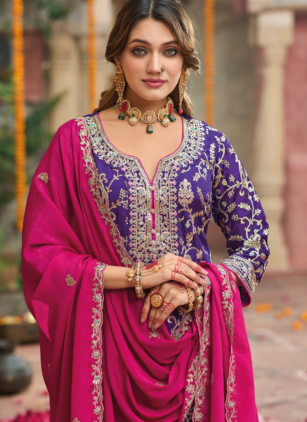 Salwar Suit Embroidered Blue, Violet Chinon T5397