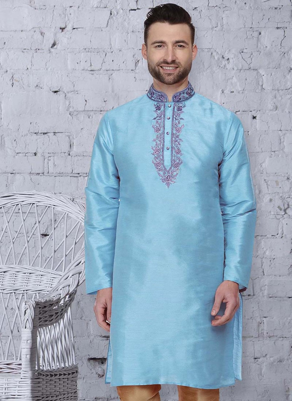 Embroidered Art Dupion Silk Blue Kurta - M1521