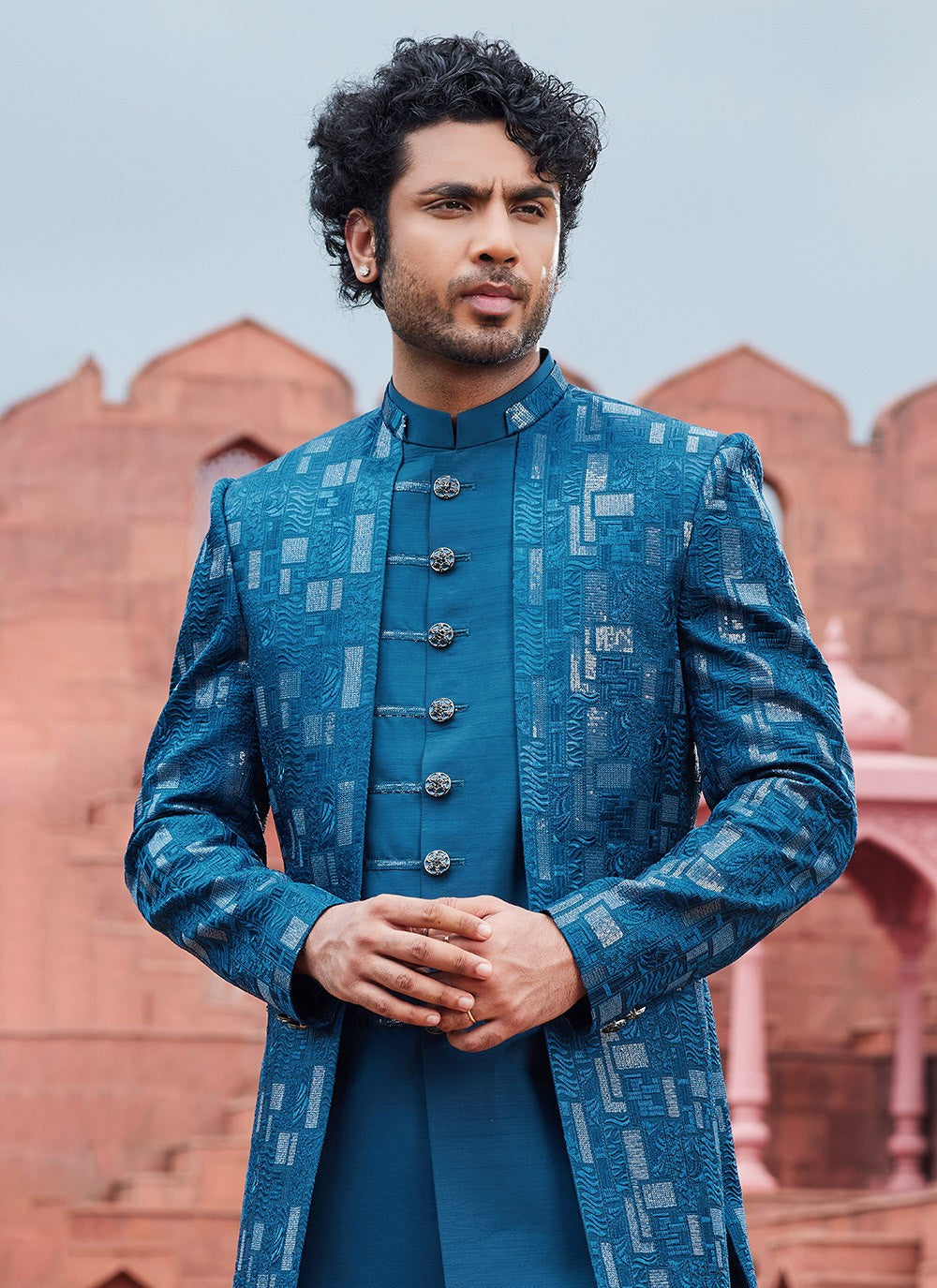 Fancy Work Art Silk Blue Indo Western Sherwani - M6154