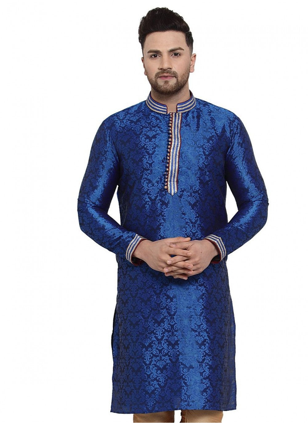 Embroidered Banarasi Silk Blue Kurta - M1607