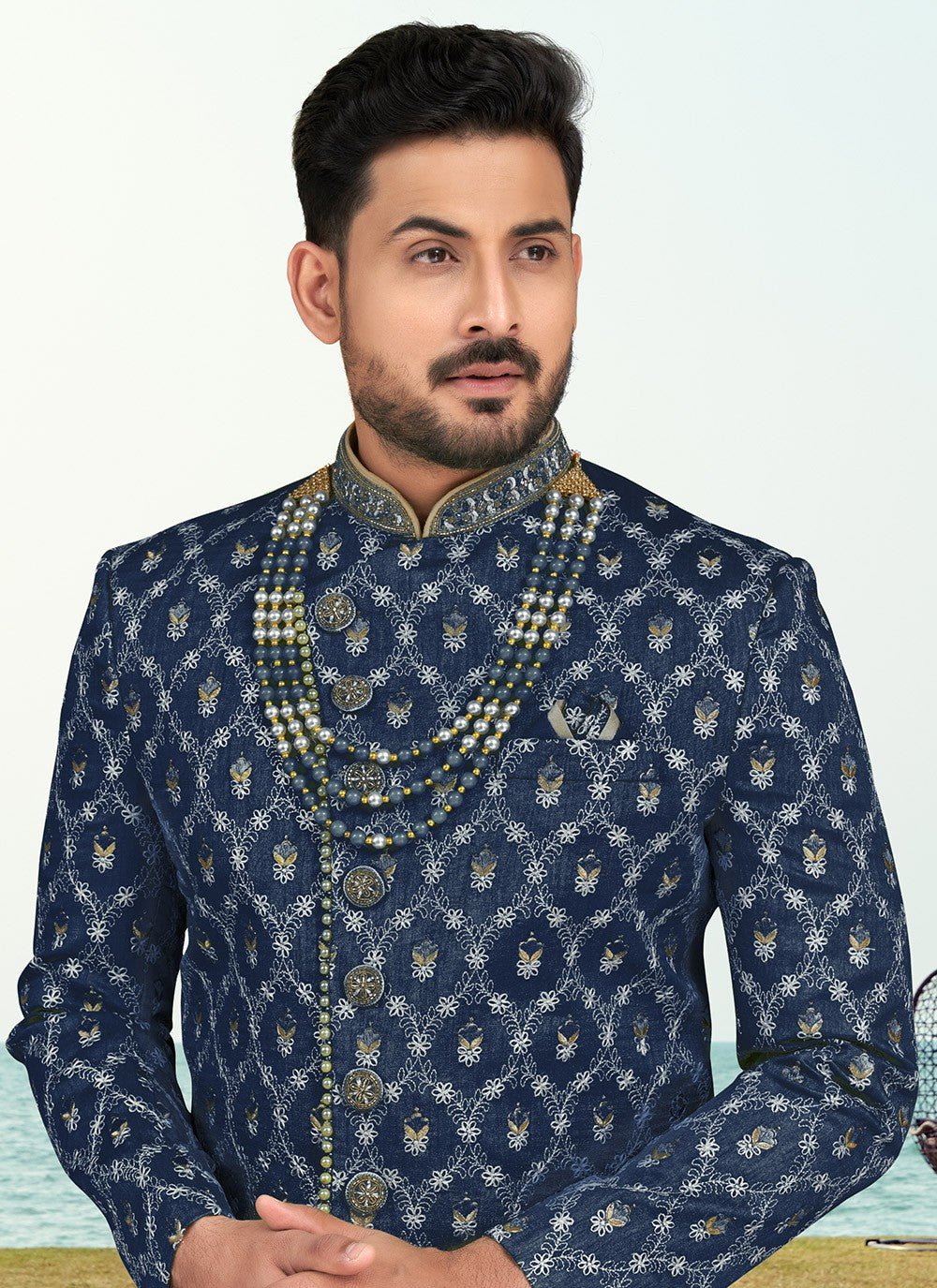 Hand Embroidery Banarasi Silk Blue Sherwani - M6802
