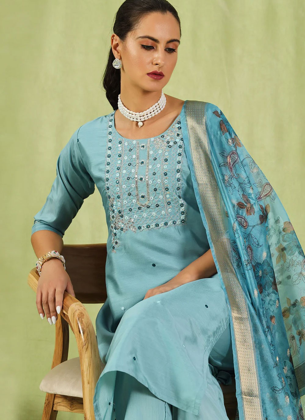 Embroidered Silk Blend Blue Pant Style Suit T6251