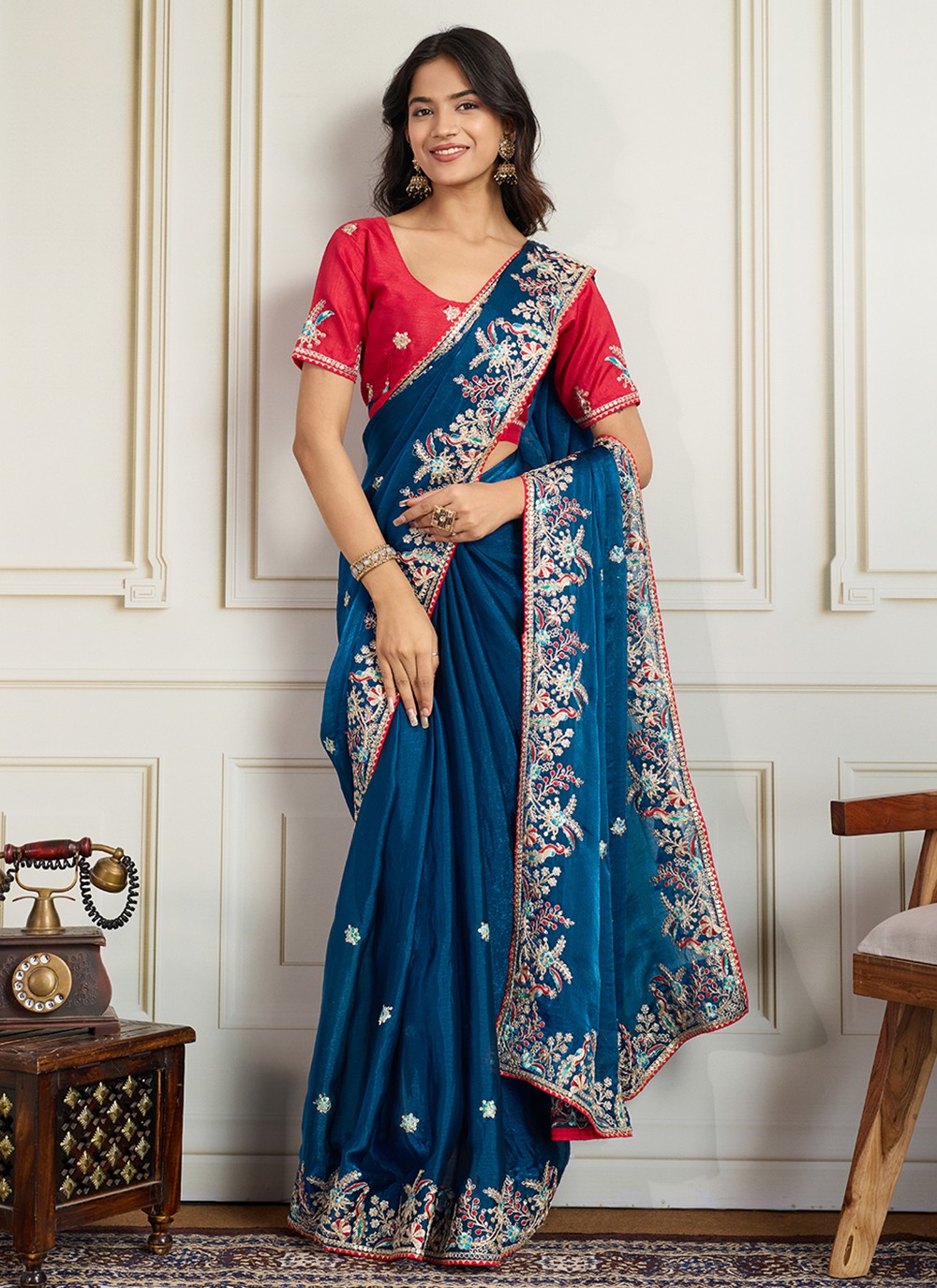 Blue Chiffon Contemporary Saree Embroidered S19118