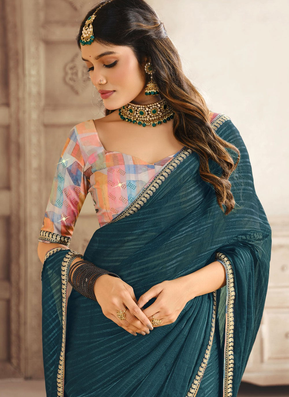 Contemporary Border Work Blue Silk Saree S13206