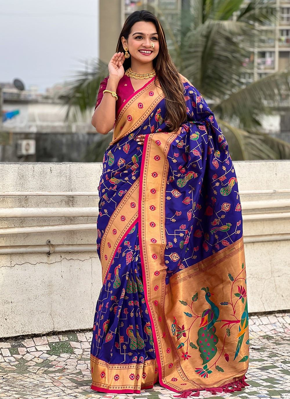 Meenakari Silk Blue Saree S14757