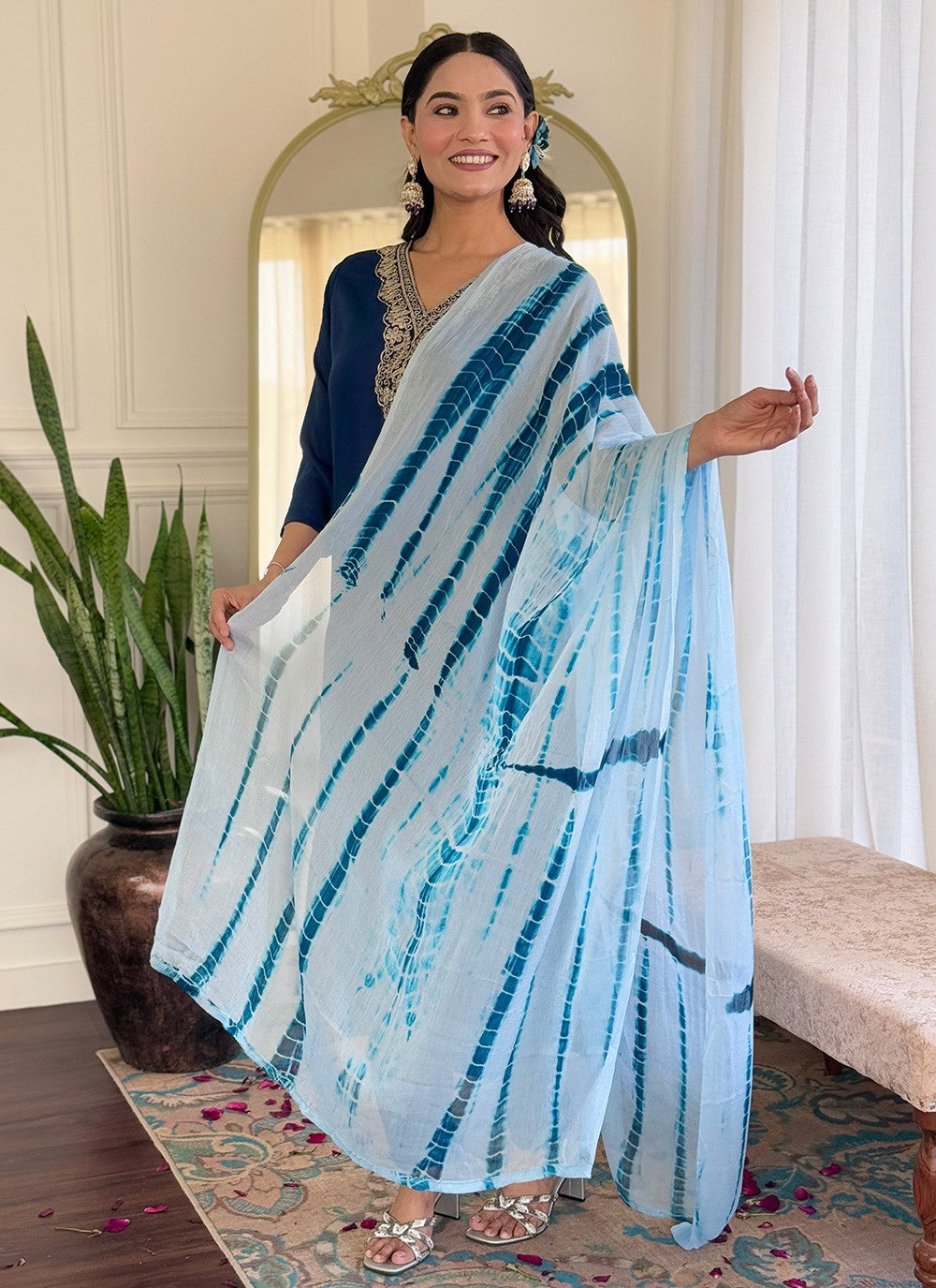 Pant Style Suit Embroidered Blue Viscose T5812