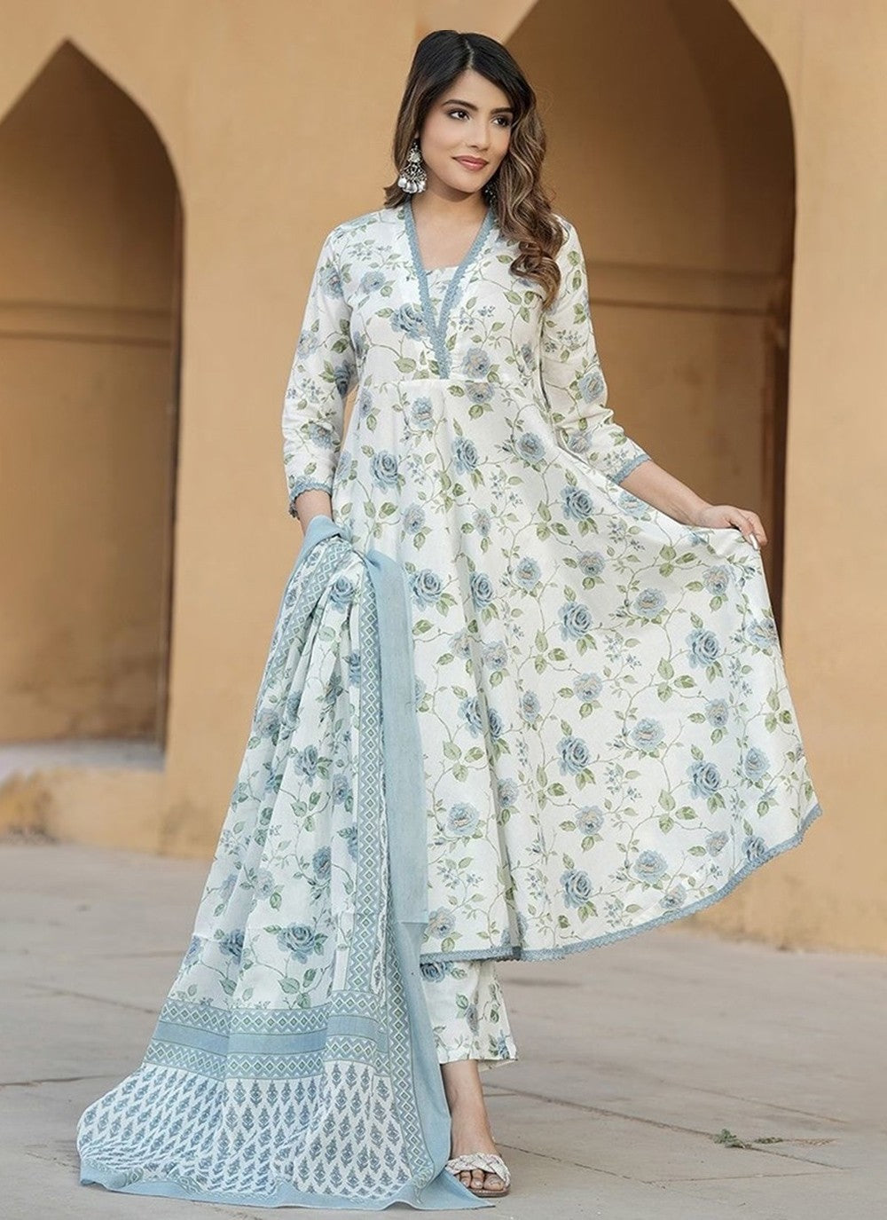 Salwar Suit Floral Printed Blue Cotton T5046
