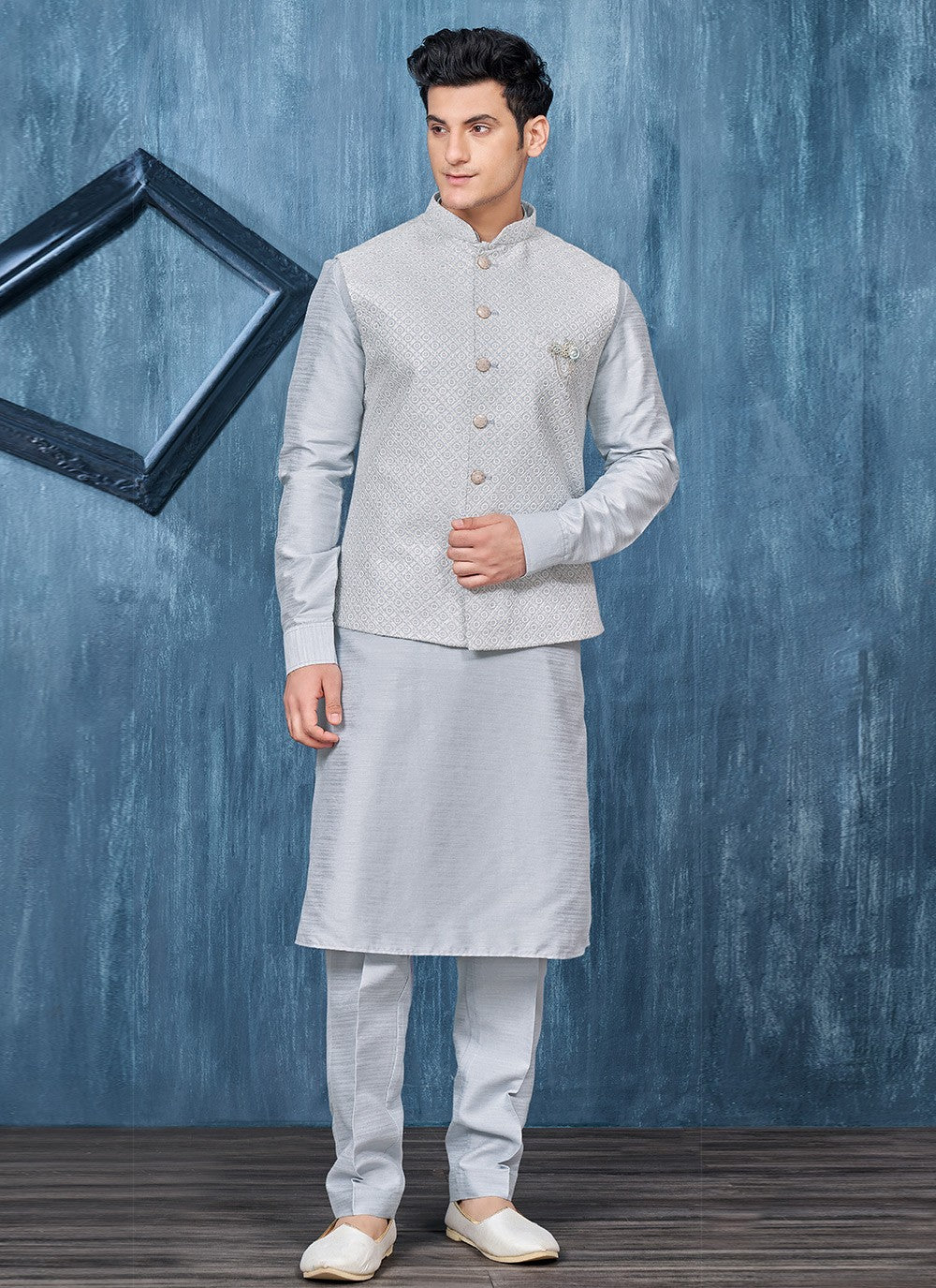 Embroidered Banarasi Silk Blue Kurta Payjama With Jacket - M6306