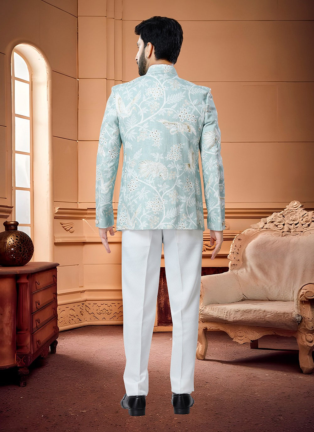 Embroidered Handloom Cotton Blue Jodhpuri Suit - M4333