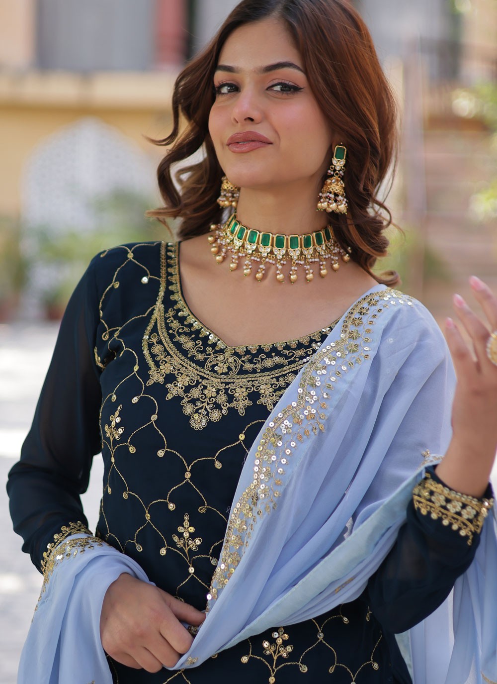Salwar Suit Embroidered Blue Faux Georgette T5394