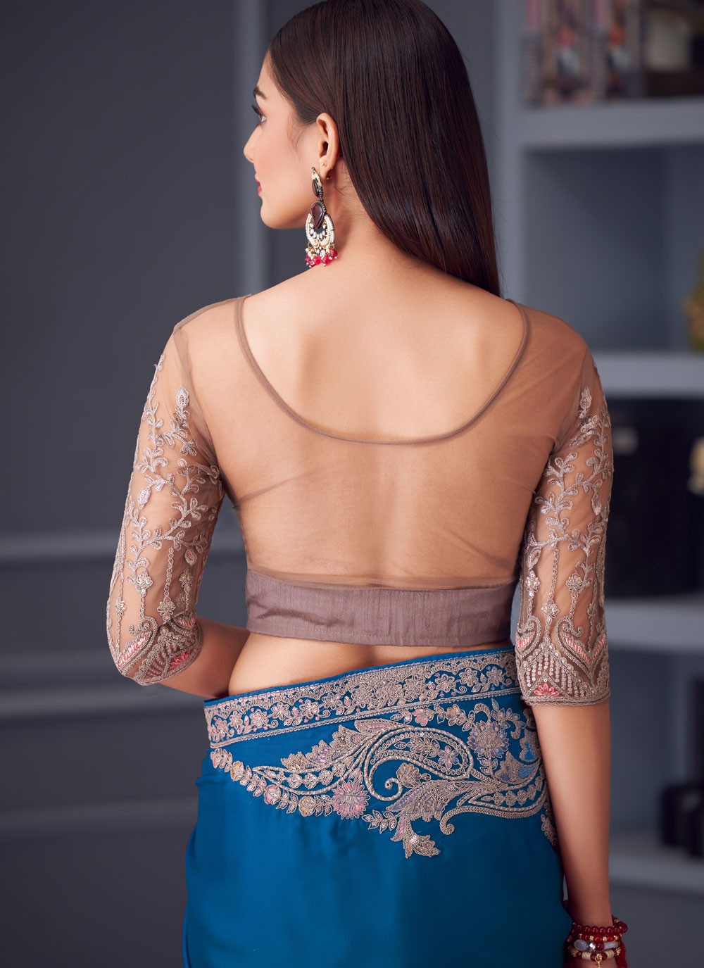 Embroidered Satin Silk Blue Saree S14587