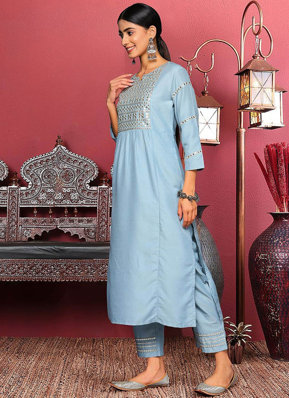 Salwar Suit Embroidered Blue Silk Blend T5651