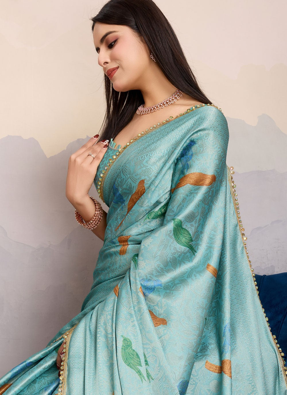 Designer Border Work Blue Brocade Saree S13582