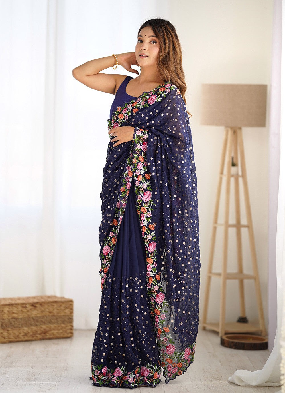 Classic Saree Embroidered Blue Georgette S12365