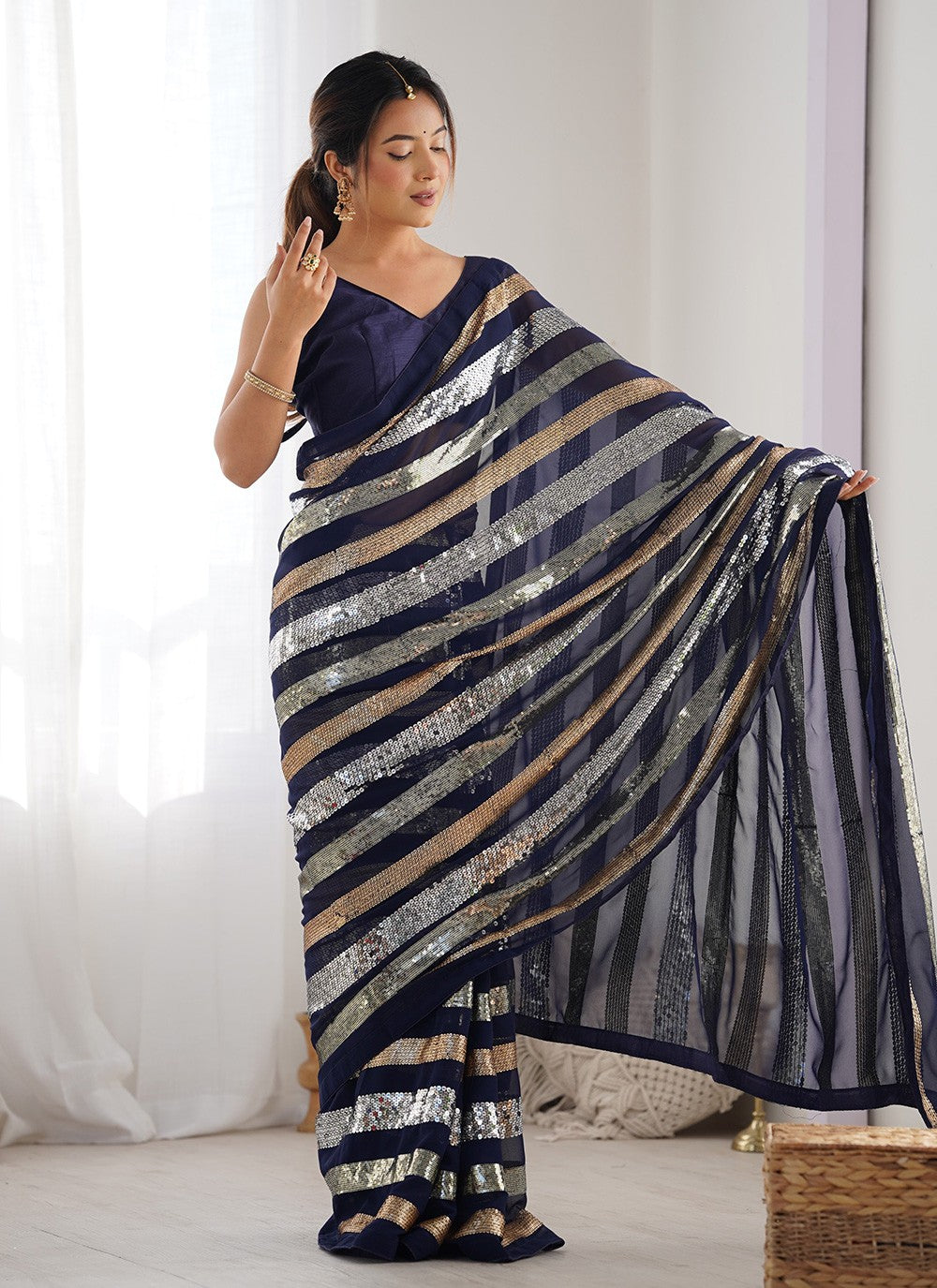 Contemporary Border Work Blue Georgette S12414