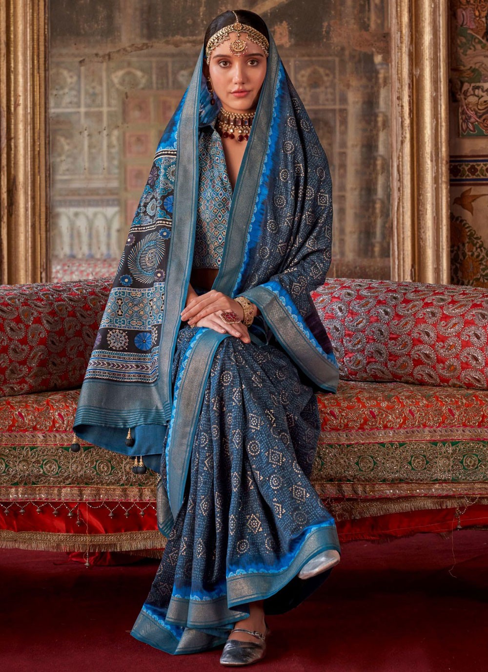 Contemporary Printed Blue Silk Saree S13689