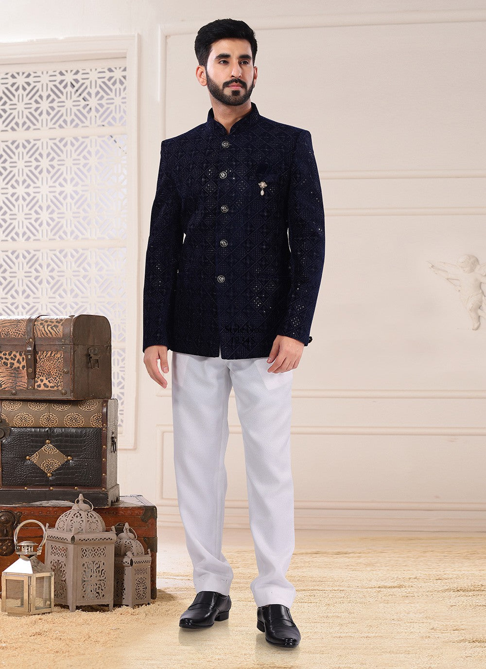 Embroidered Velvet Blue Jodhpuri Suit - M4703
