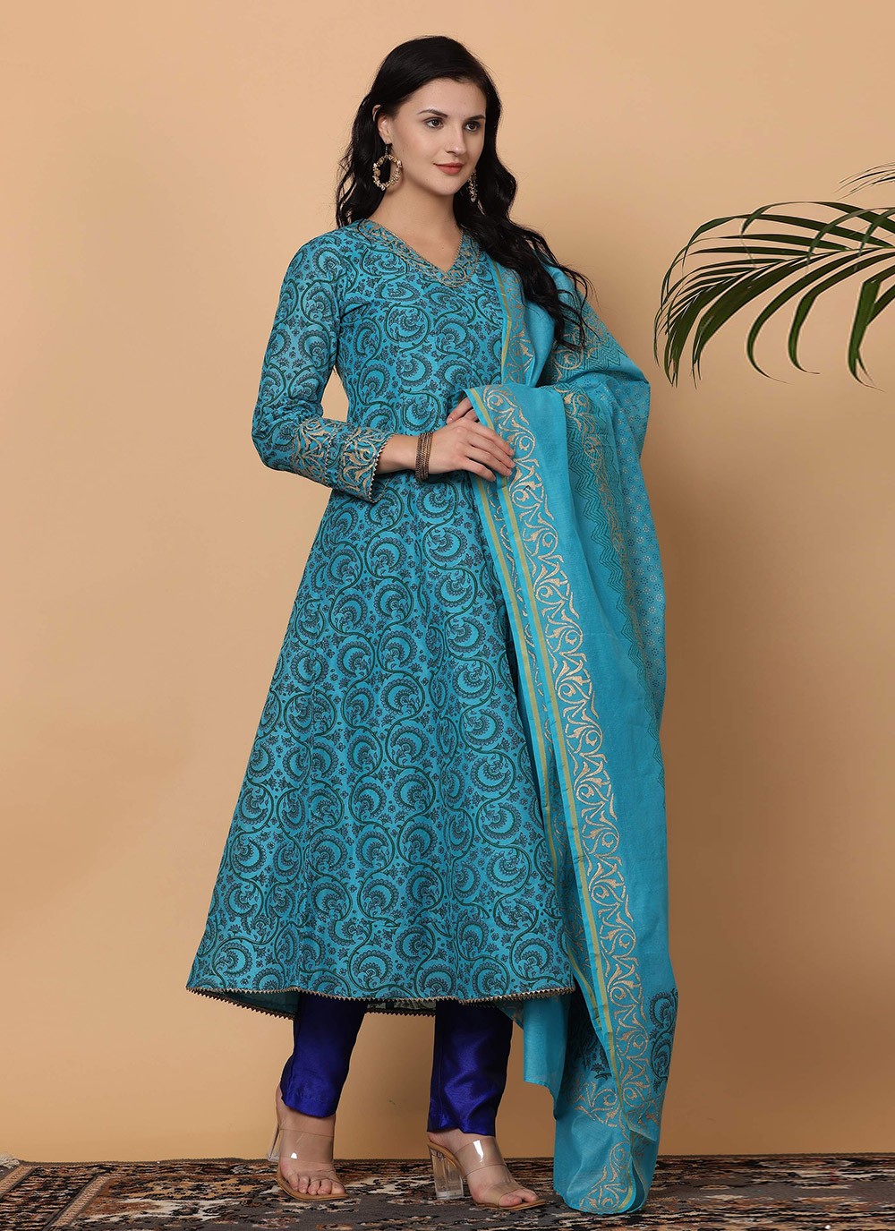 Printed Chanderi Blue Salwar Suit T5936