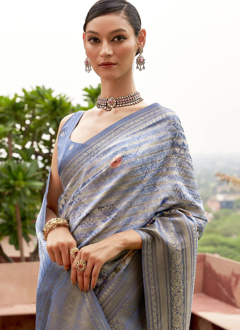 Traditional Digital Print Blue Tussar Silk Saree S13233