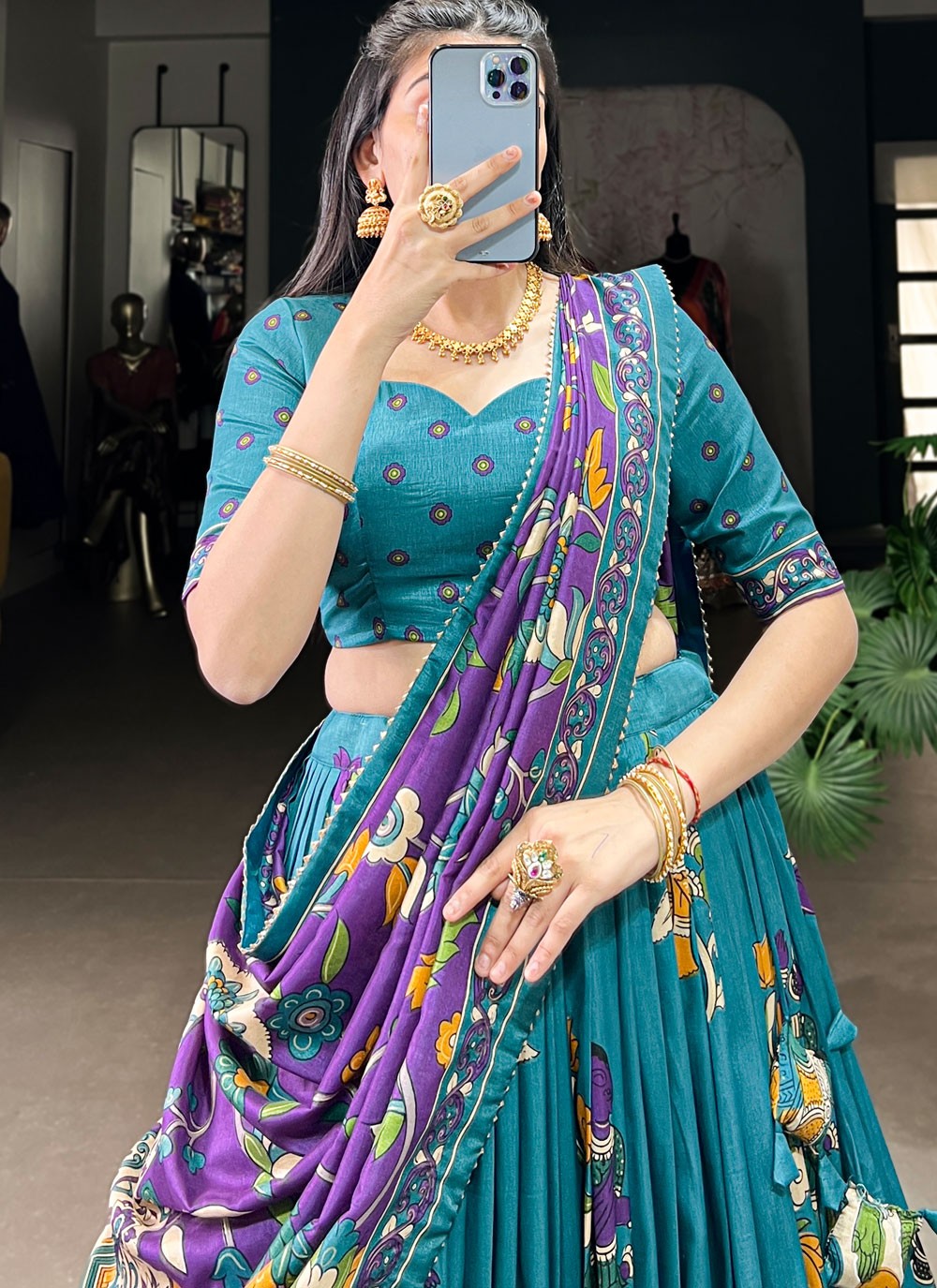 Foliage Prints Tussar Silk Blue Lehenga - L3424