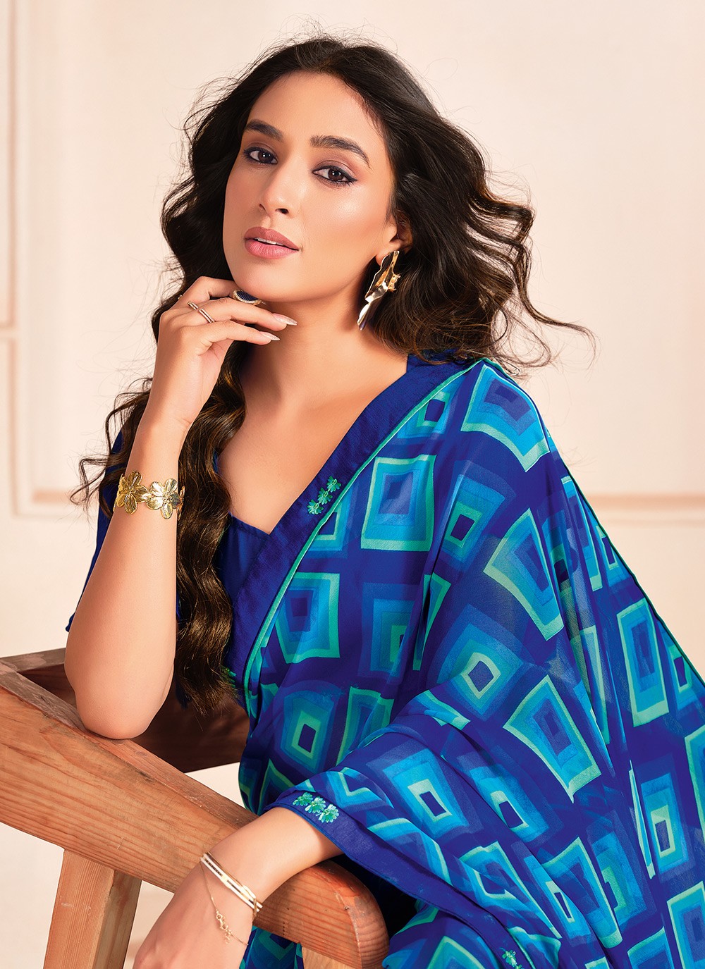 Digital Print Georgette Blue Contemporary Saree S15286
