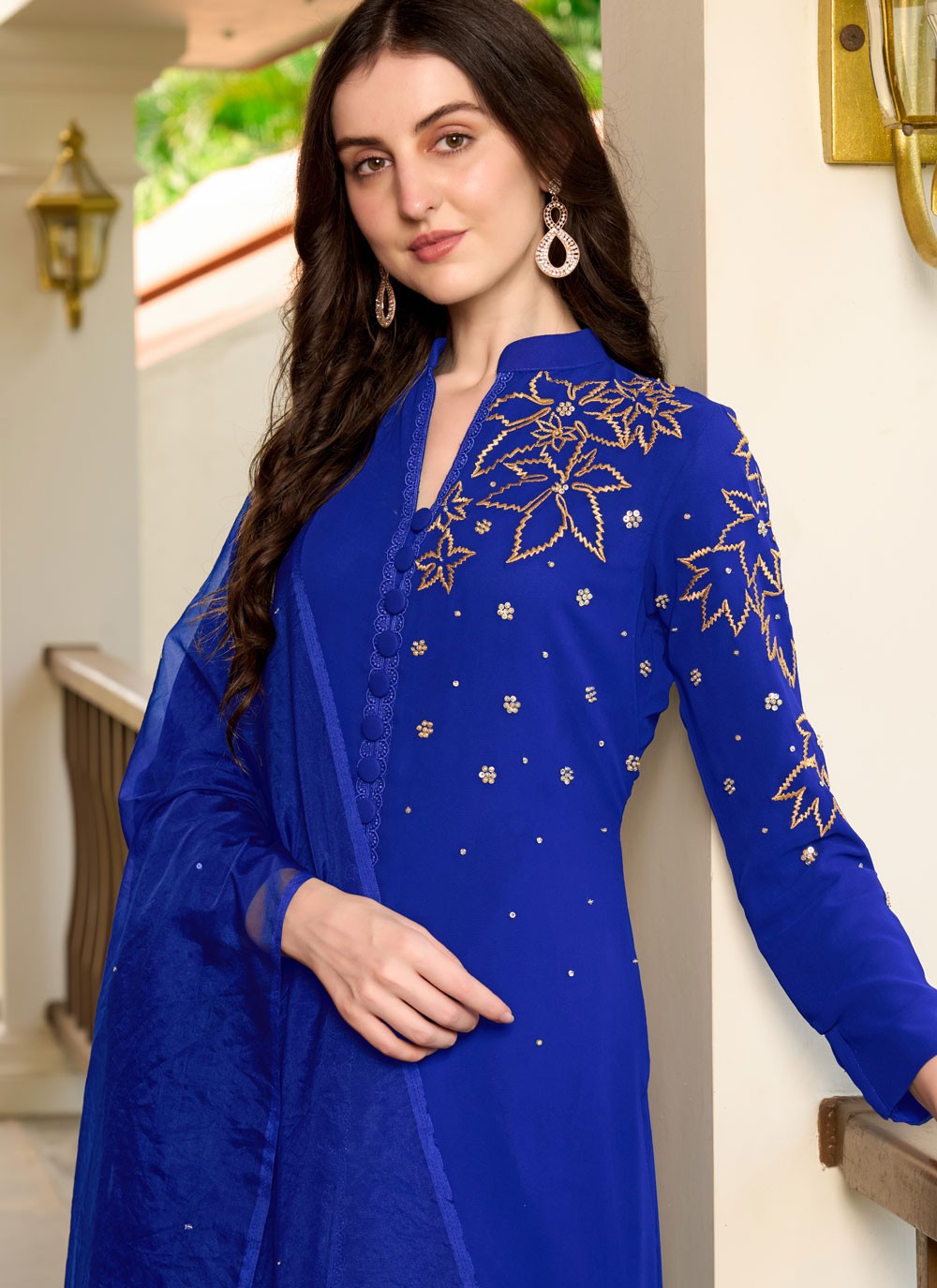 Pant Style Suit Embroidered Blue Georgette T5335