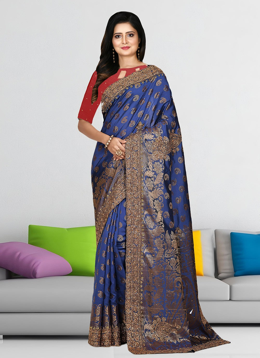 Hand Embroidery Kanjivaram Silk Blue Saree S13770