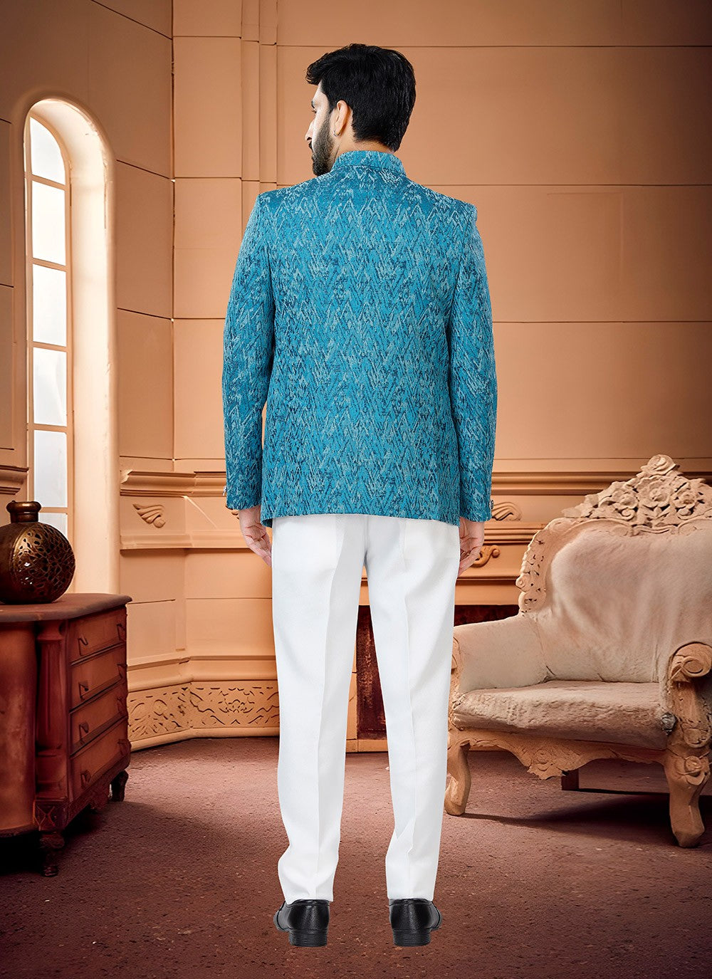 Woven Jacquard Blue Jodhpuri Suit - M4337