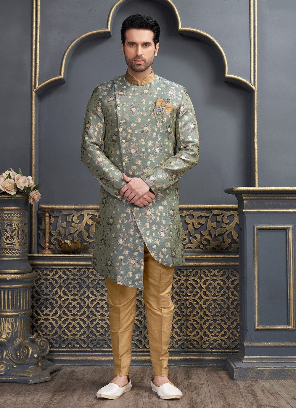 Fancy Work Brocade, Jacquard Silk Blue Indo Western - M6464