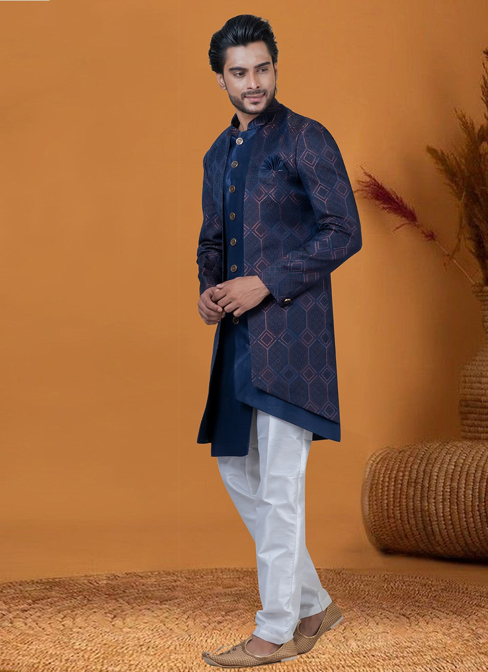 Jacquard Work Jacquard Silk Blue Indo Western - M8416