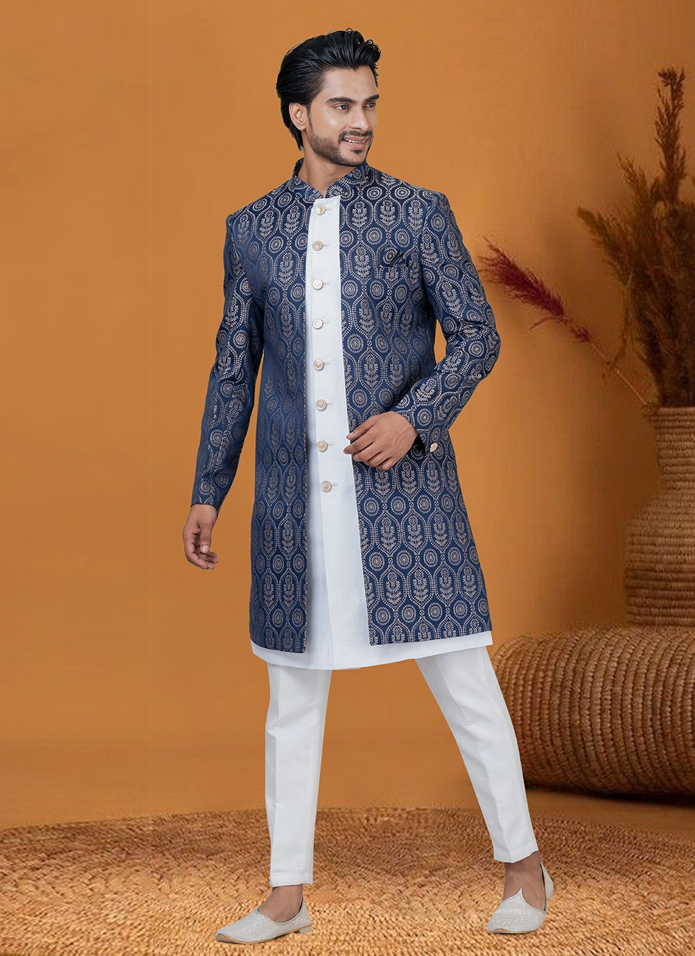 Jacquard Work Jacquard Silk Blue Indo Western - M8371