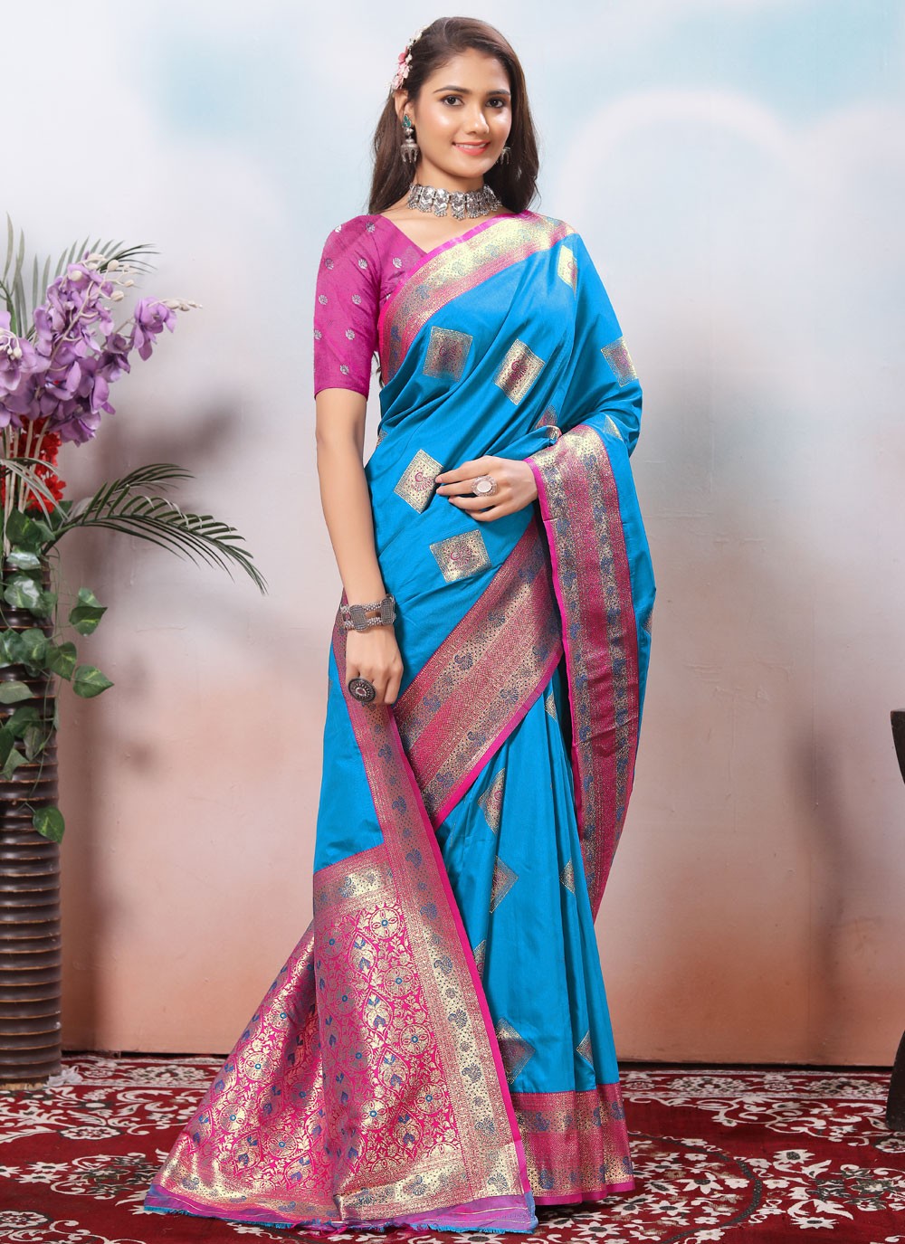 Border Work Silk Blue Classic Saree S15422
