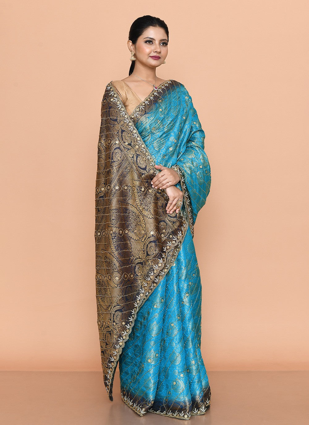 Contemporary Hand Embroidery Blue Kanjivaram Silk Saree S13144