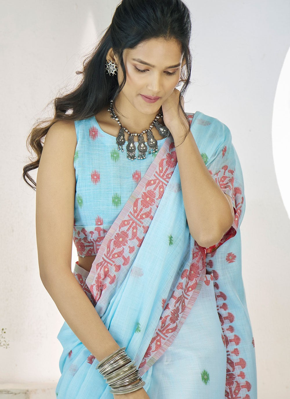 Aari Work Linen Blue Saree S13901