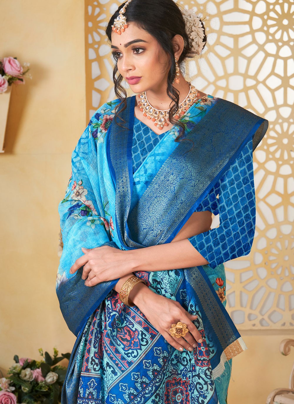 Digital Print Linen Blue Saree S14713