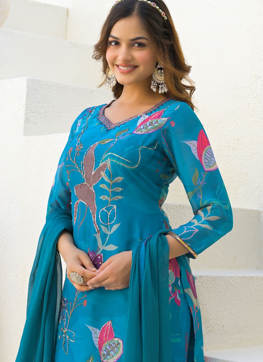 Sharara Suit Beads, Digital Print, Zari Blue T7131