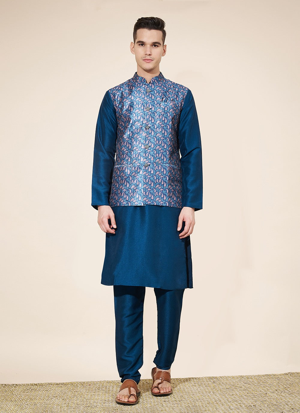 Jacquard Work Pure Silk Blue Kurta Payjama With Jacket - M8027
