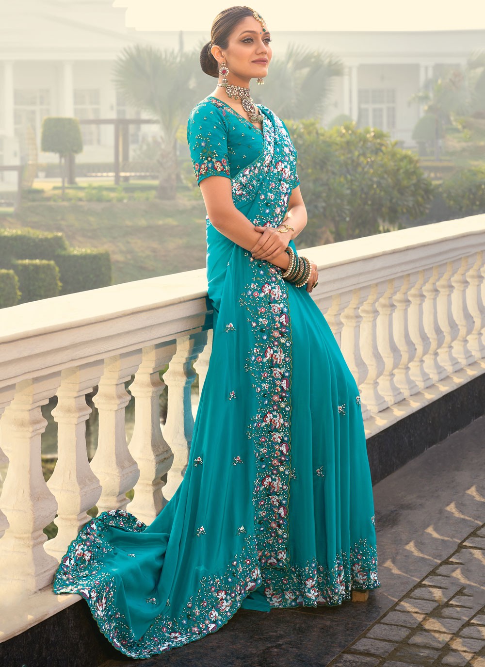 Beads Pure Crepe Blue Saree S14301