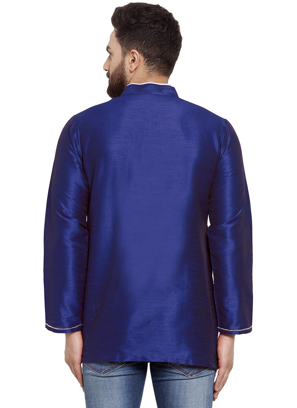 Machine Embroidery Dupion Silk Blue Short Kurta - M5733